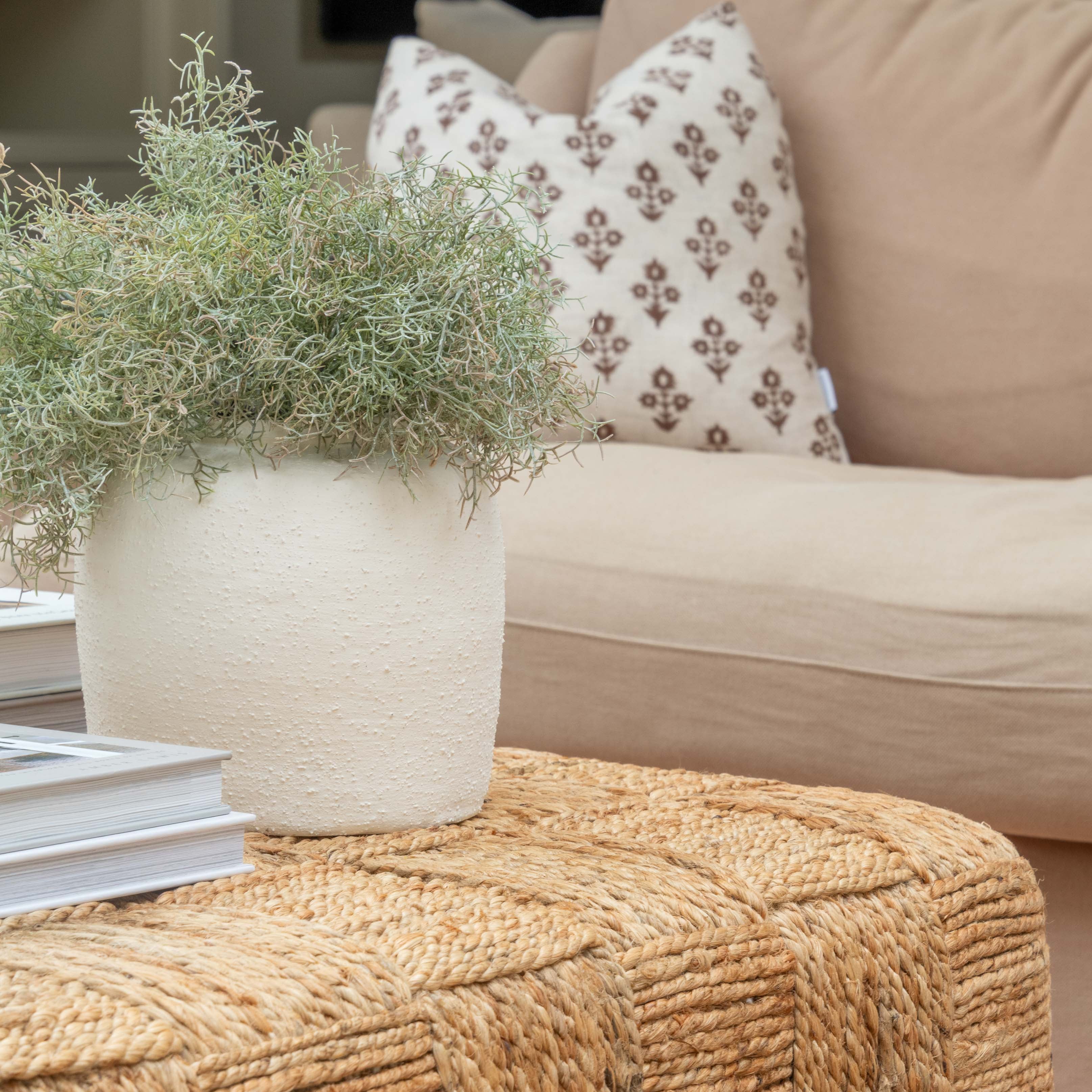 Woven ottoman with a plant and pillows on a beige sofa
