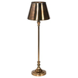 Vintage brass metal table lamp with tapered shade on white background