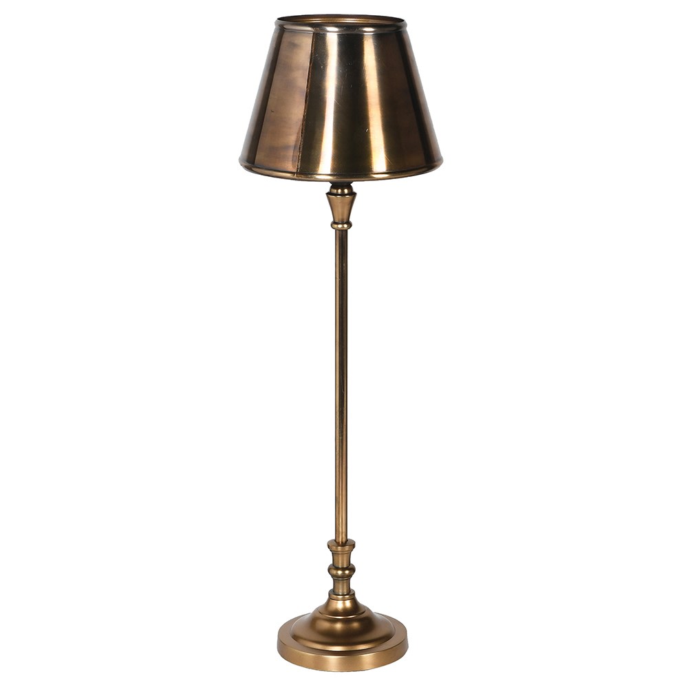 Vintage brass metal table lamp with tapered shade on white background