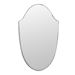 Shield-shaped frameless bevelled edge mirror measuring 30 inches by 18 inches – elegant decorative wall mirror for home décor