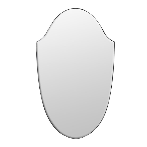 Shield-shaped frameless bevelled edge mirror measuring 30 inches by 18 inches – elegant decorative wall mirror for home décor