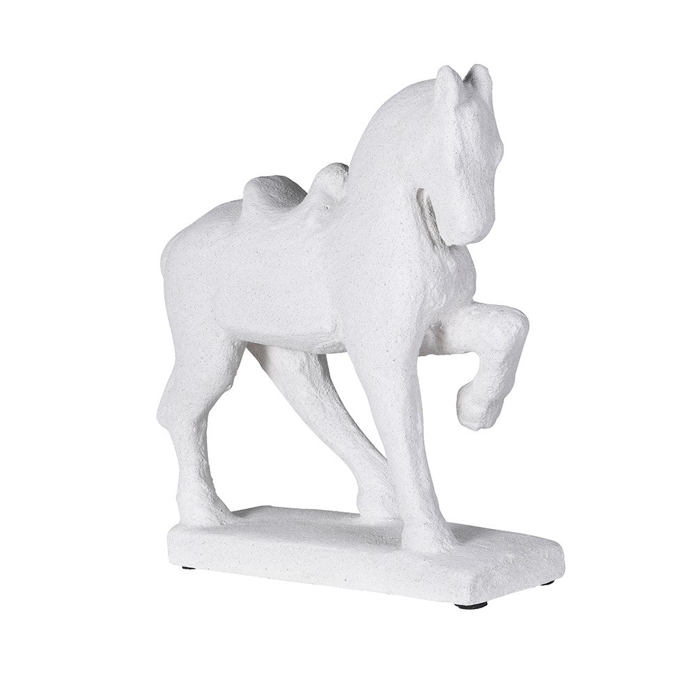 White prancing horse statue with raised leg on rectangular base - 35cm decorative sculpture