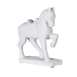 White prancing horse statue with raised leg on rectangular base - 35cm decorative sculpture