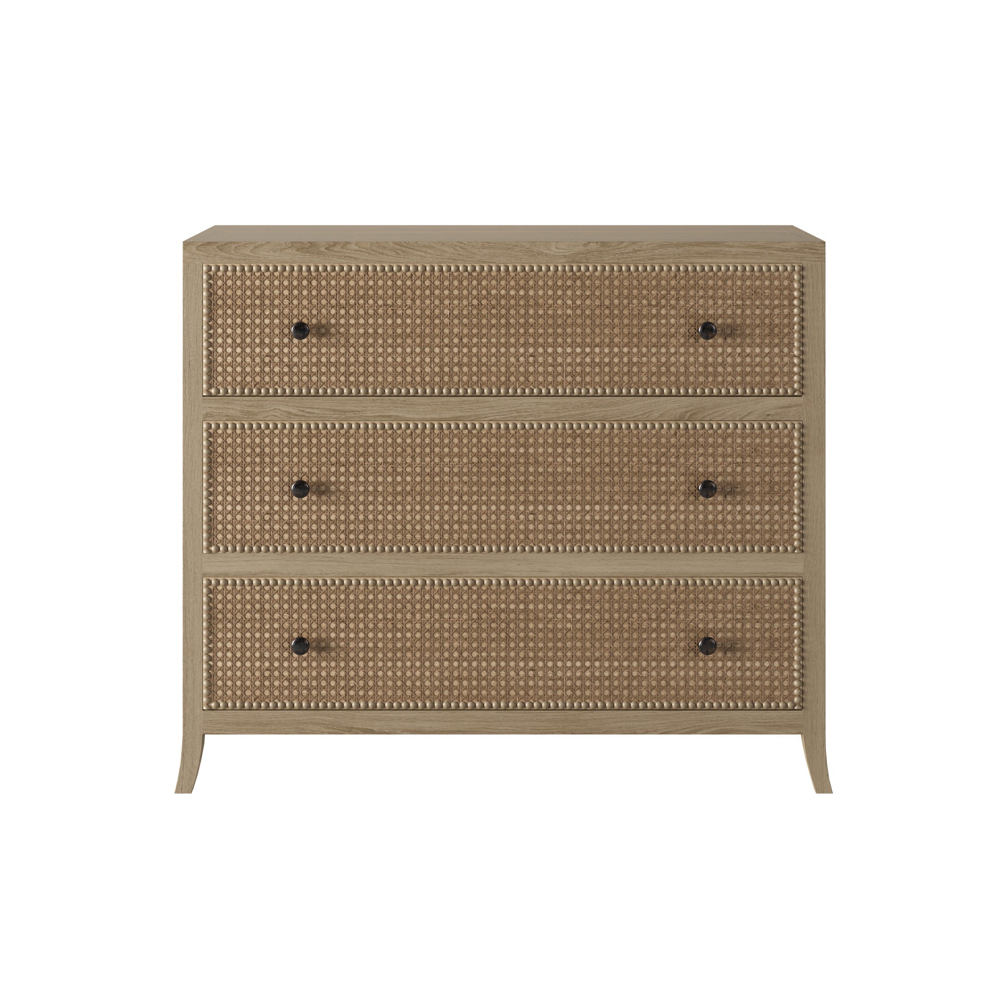 A three-drawer chest of drawers in grey aged oak with rattan latticed front and wooden runners, featuring small round gun metal style handles.