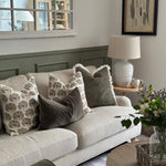 Lucia White Ceramic Table Lamp with beaded detailing and linen shade styled in living room