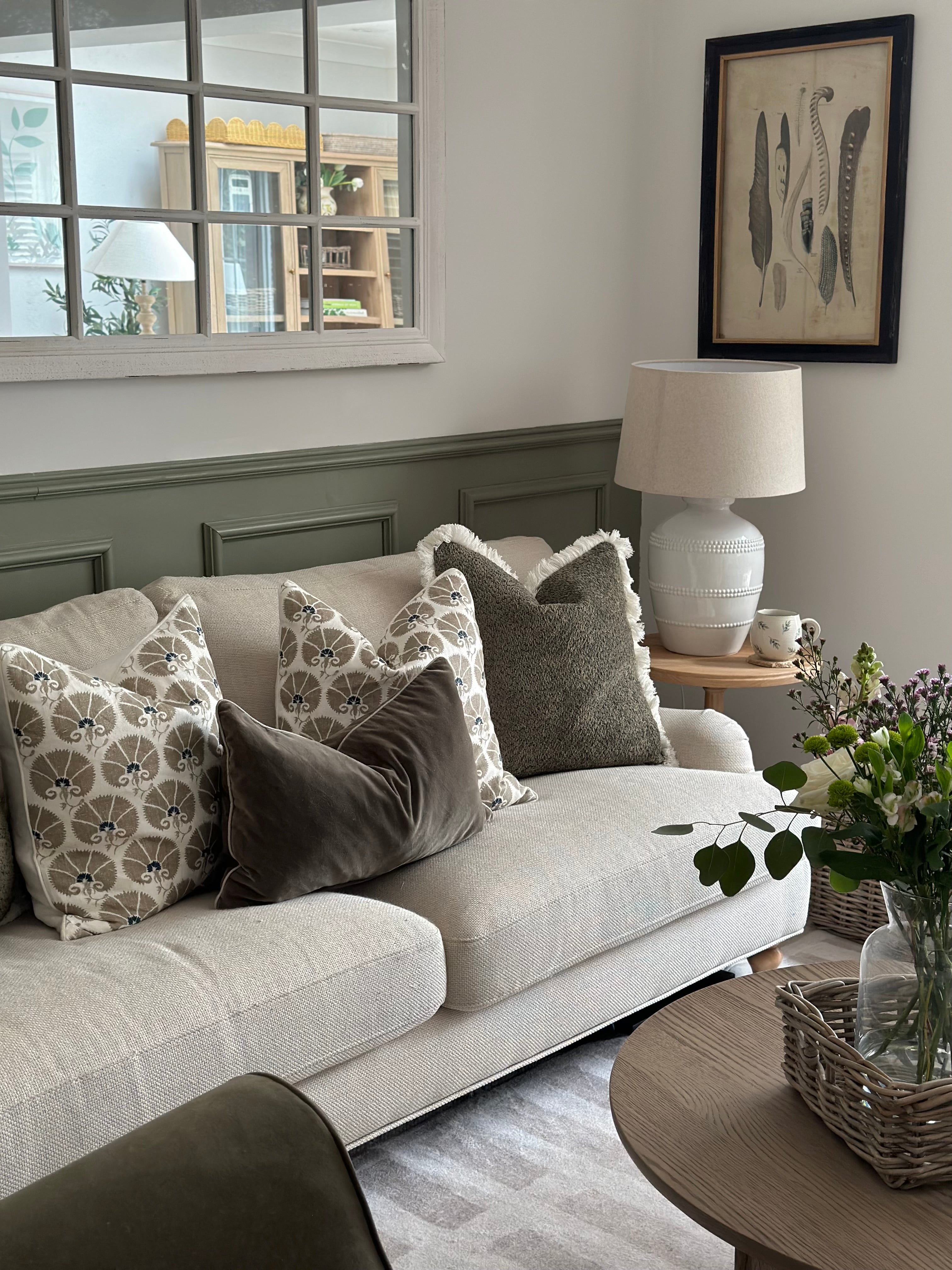 Lucia White Ceramic Table Lamp with beaded detailing and linen shade styled in living room
