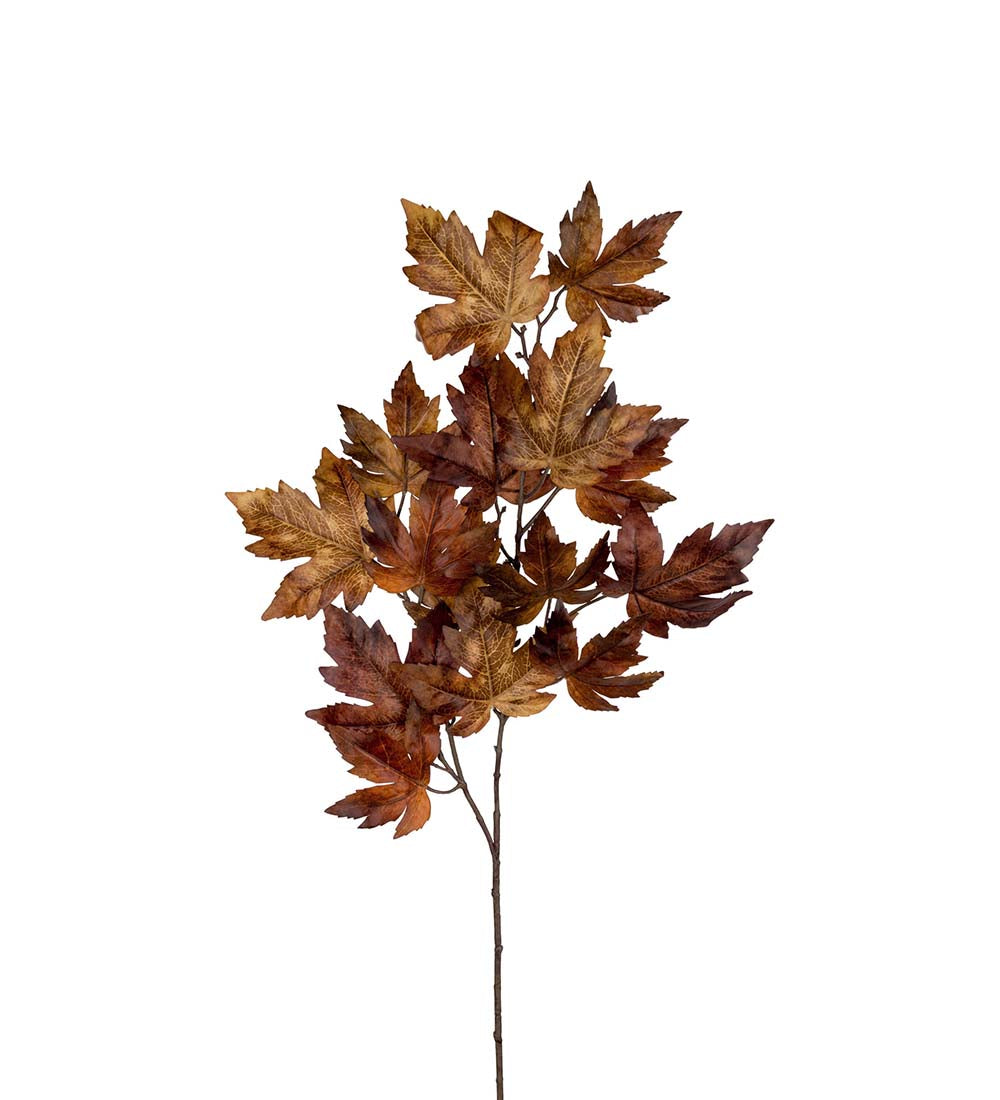 Artificial autumn maple leaf spray stem in golden brown and rust tones, 90cm tall.