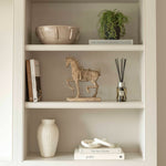 A fresh fig scented diffuser with reeds resting on a bookshelf