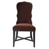 Front view of brown velvet dining chair with nailhead trim