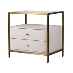 Modern cream and gold bedside table with two drawers and glass top - front angle view