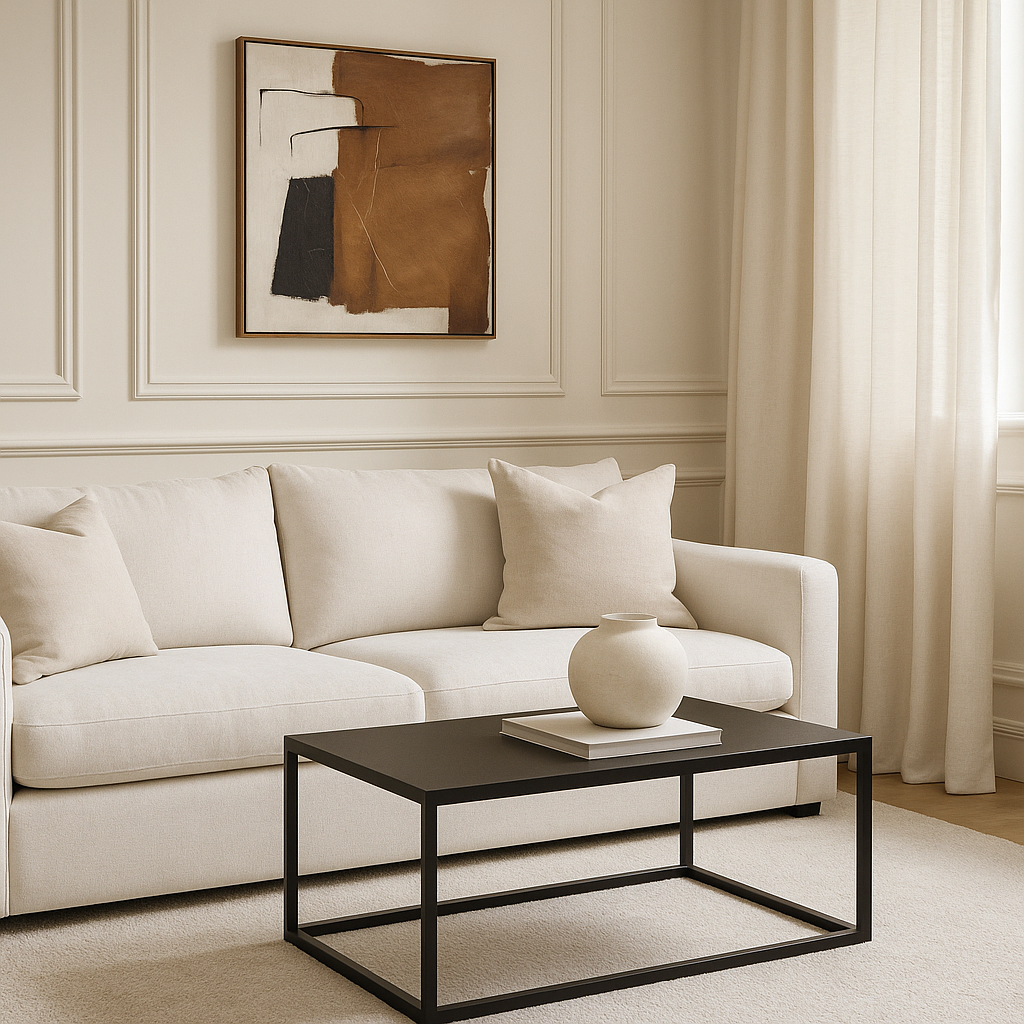Grafton Industrial Coffee Table with faux concrete top and slate grey metal frame in a neutral modern living room