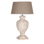 Handcrafted Berkely table lamp with carved mango wood base and natural linen shade