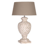 Handcrafted Berkely table lamp with carved mango wood base and natural linen shade