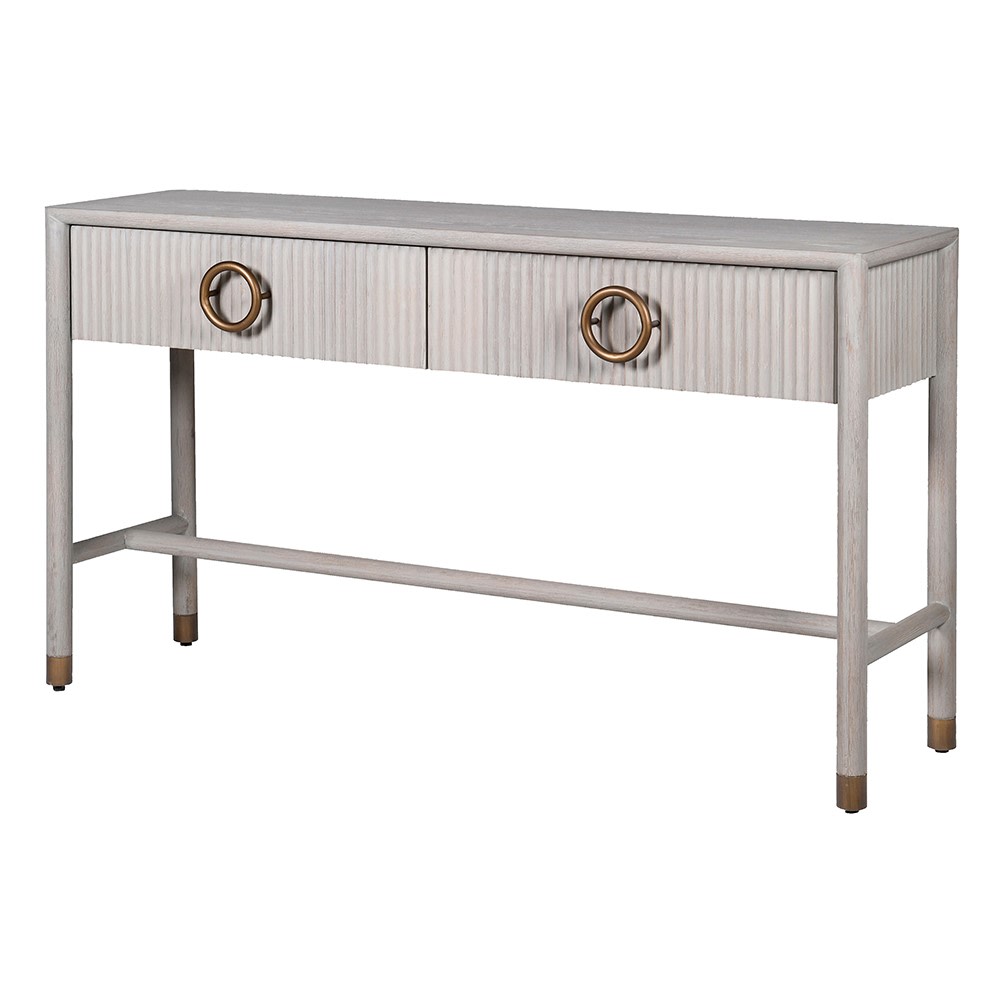 A white oak console table with bronze handles, featuring two drawers and a fluted detail finish.
