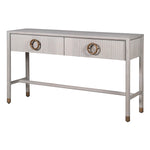 A white oak console table with bronze handles, featuring two drawers and a fluted detail finish.