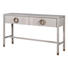 A white oak console table with bronze handles, featuring two drawers and a fluted detail finish.