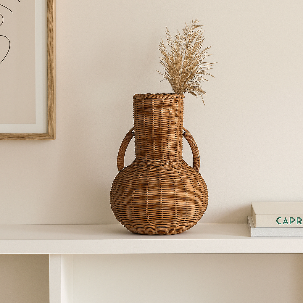 Bring timeless charm to your home with the Willow Curve Handled Vase handcrafted from natural rattan, this vase features a unique gourd-like shape with a tall neck and rounded base, adding an earthy elegance to any room. Two sturdy, curved handles enhance both style and functionality, making it easy to move and display. Perfect as a standalone décor piece or filled with dried flowers or faux greenery, this artisanal vase brings a cosy, organic touch to bohemian, coastal, or farmhouse-inspired spaces.
Dim