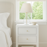 White bedside table underneath window with Roman blind and glass lamp