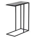Industrial C shaped side table with black metal frame and stone top