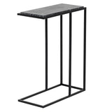 Industrial C shaped side table with black metal frame and stone top