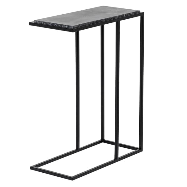 Industrial C shaped side table with black metal frame and stone top