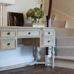 Rustic pine desk with turned legs and distressed wood design