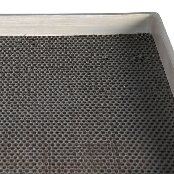 Whitewashed durian wood chest of six drawers with black drop handles close up