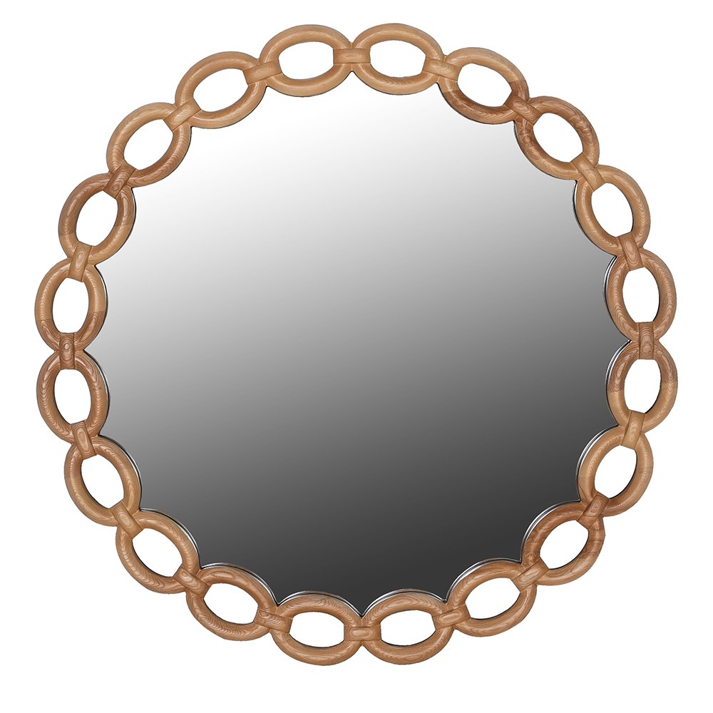 Round decorative wall mirror with interlocking chain-link MDF wood frame, 90cm in diameter