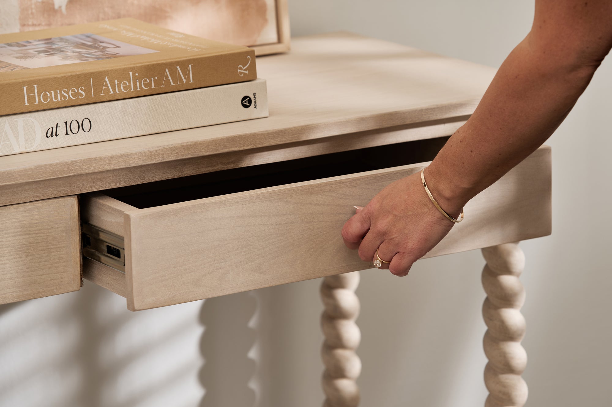 Longbourn Console Table drawer detail in natural acacia wood
