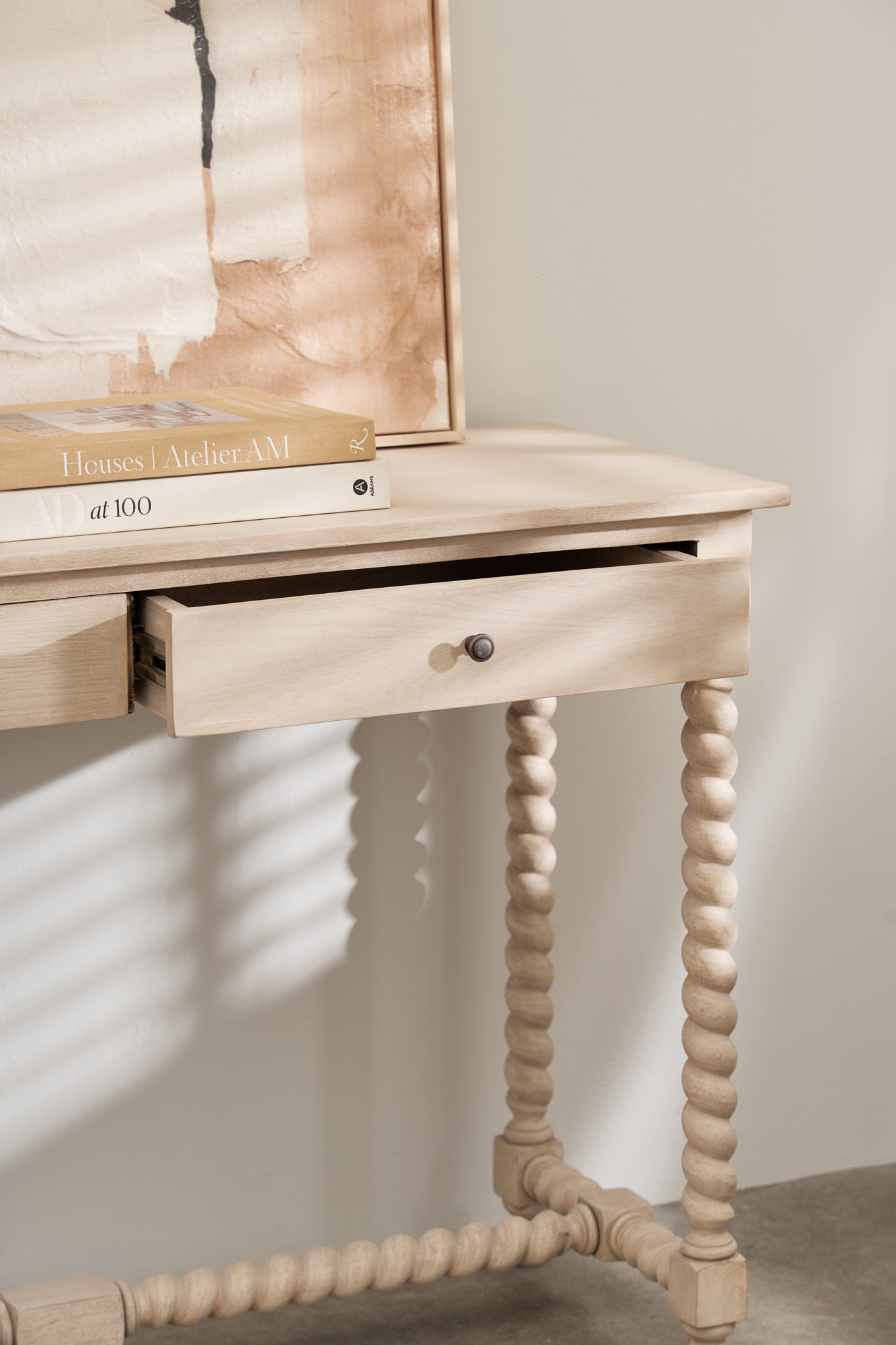 Longbourn Console Table drawer detail in natural acacia wood