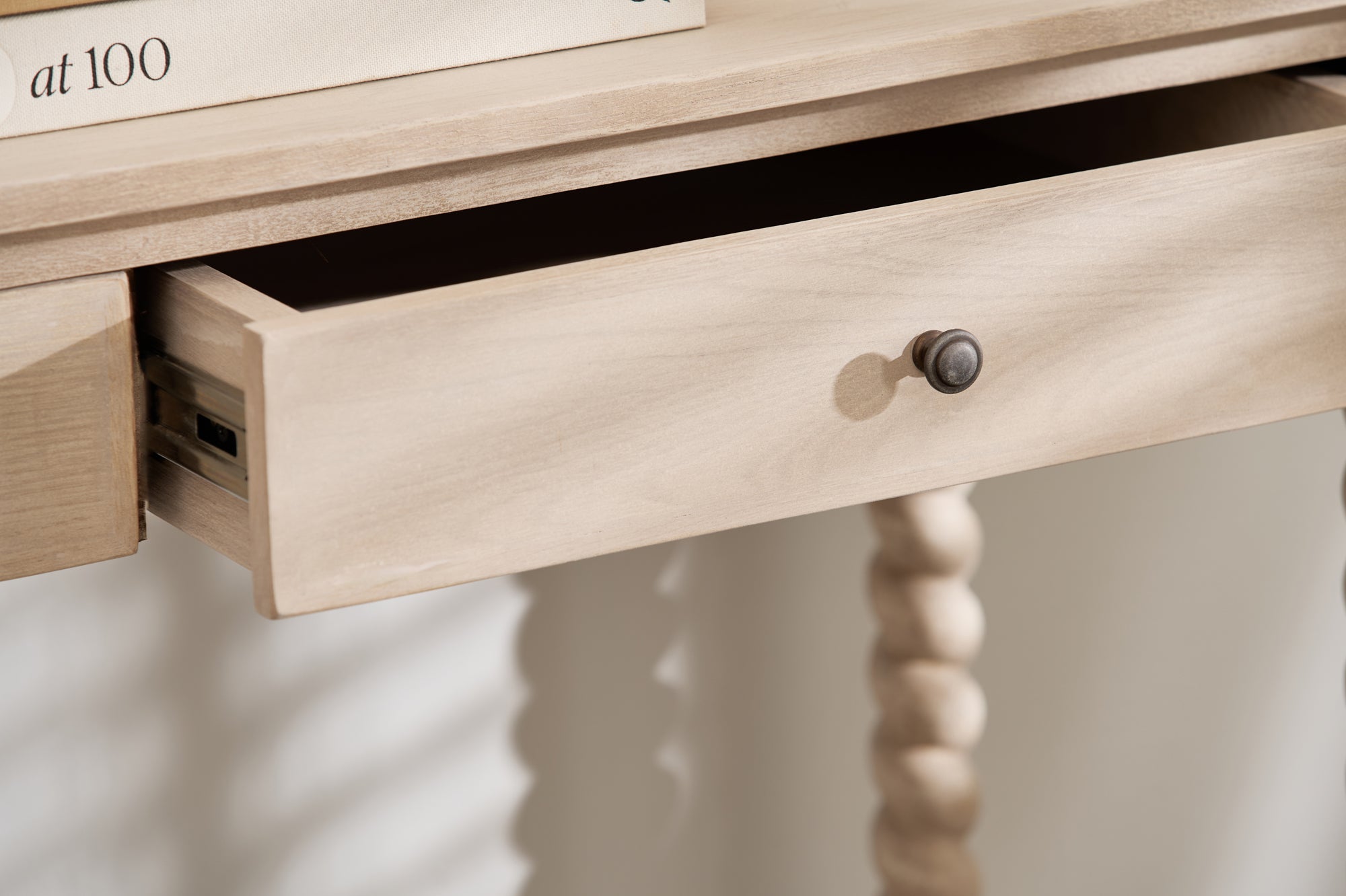 Longbourn Console Table drawer detail in natural acacia wood drawer detail
