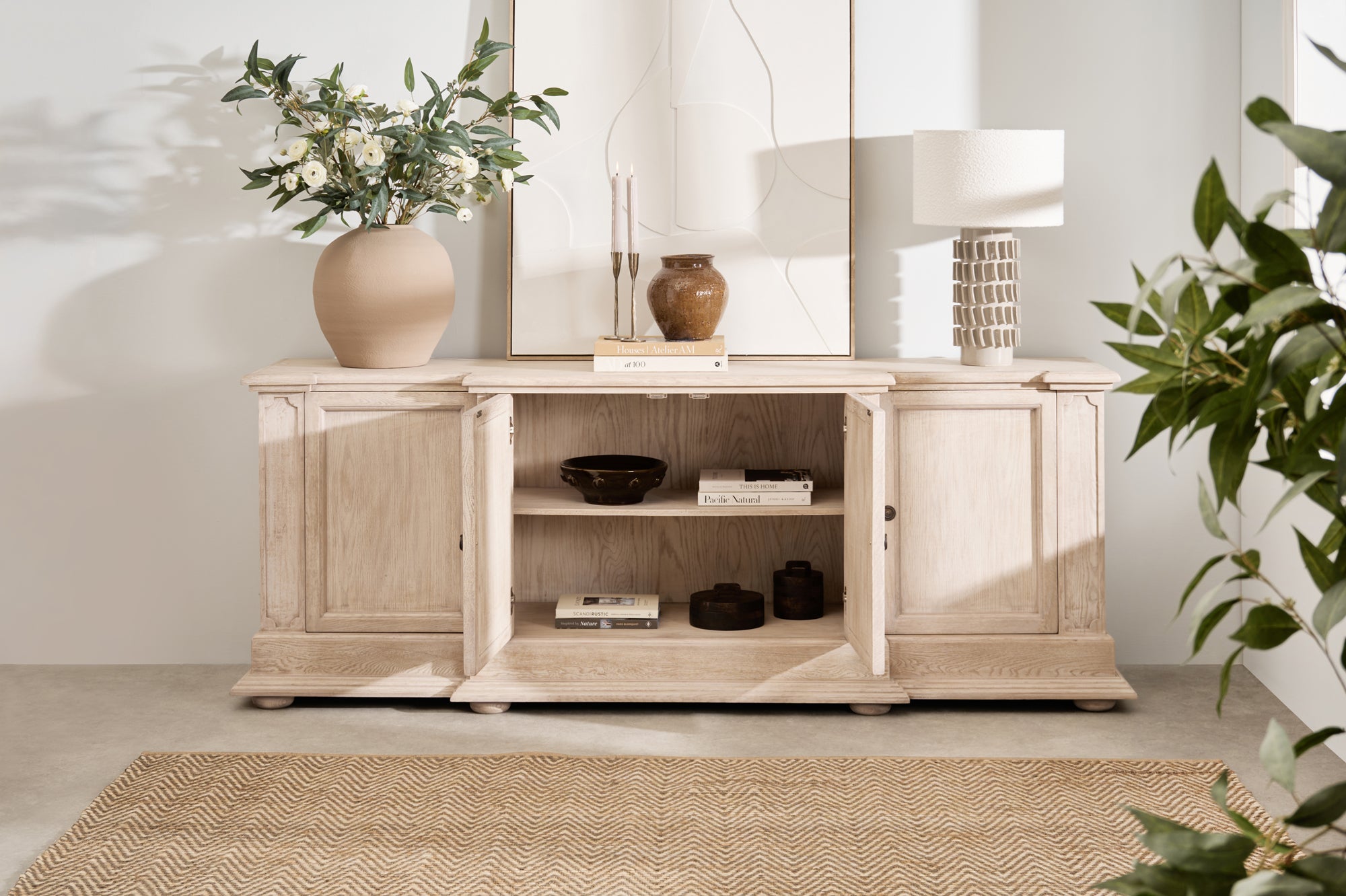 Longbourn Sideboard with four panelled doors in natural acacia wood