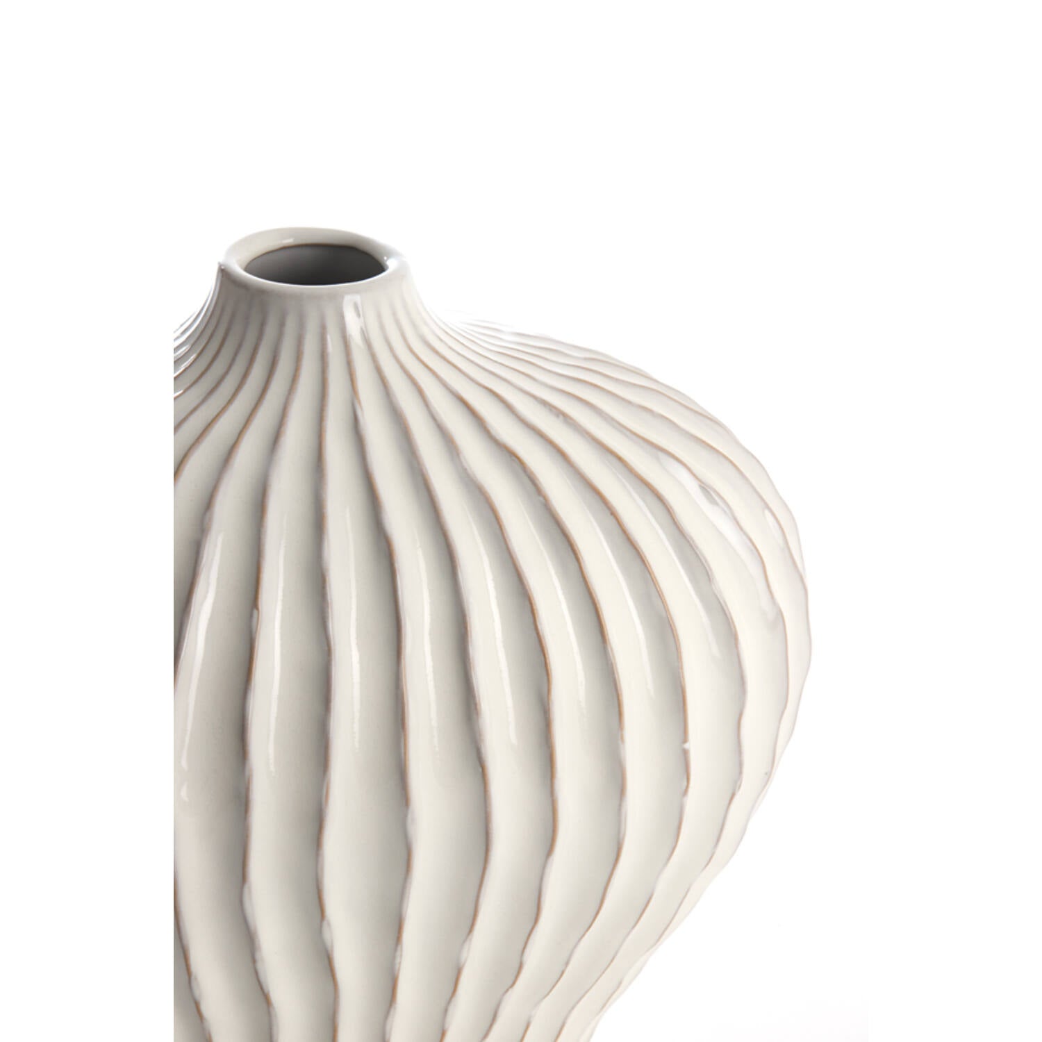 Ivory ribbed ceramic vase with rounded silhouette and modern textured design close up