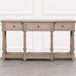 Marseille Cedar Wood Console Table with turned legs and three drawers in natural finish