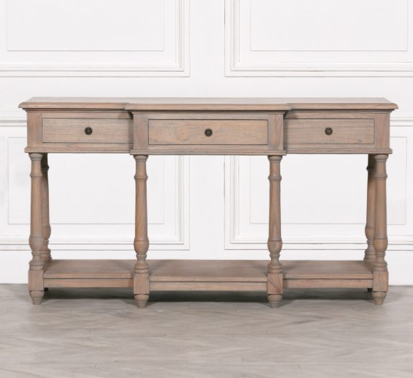 Marseille Cedar Wood Console Table with turned legs and three drawers in natural finish