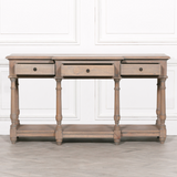 Marseille Cedar Wood Console Table with turned legs and three drawers in natural finish