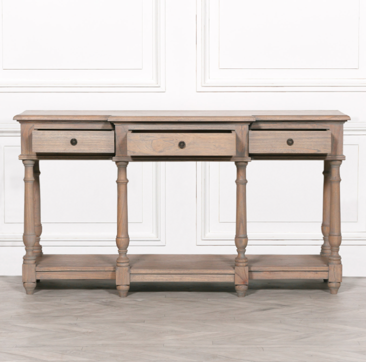 Marseille Cedar Wood Console Table with turned legs and three drawers in natural finish