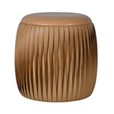 Shop the Modern Faux Leather Accent Stool in Caramel. A versatile ottoman with pleated detailing, cushioned top, and sleek design. Perfect for seating or as a footrest.