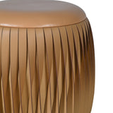 Close-up of caramel faux leather stool with geometric detailing