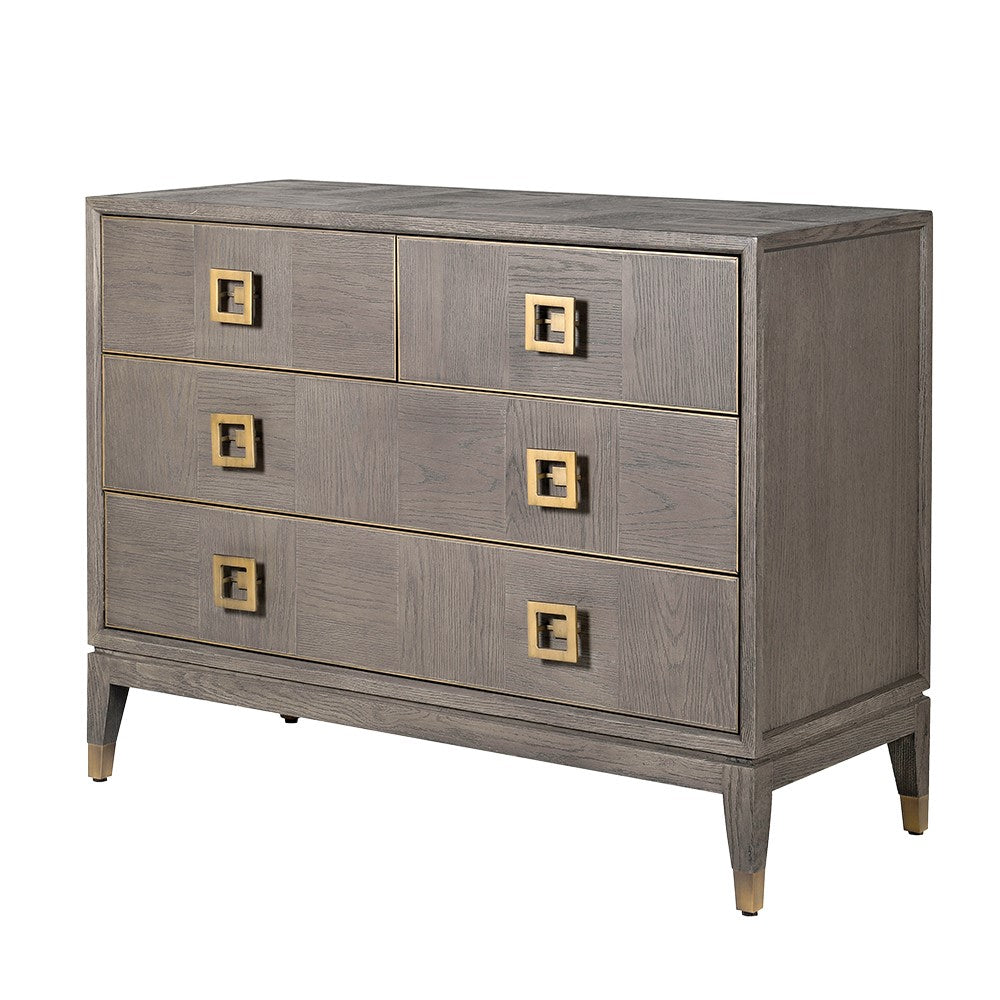 A grey chest of drawers with brass handles and oak textures, showcasing two smaller drawers and two larger ones.
