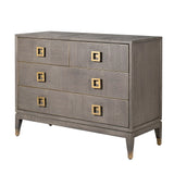 A grey chest of drawers with brass handles and oak textures, showcasing two smaller drawers and two larger ones.
