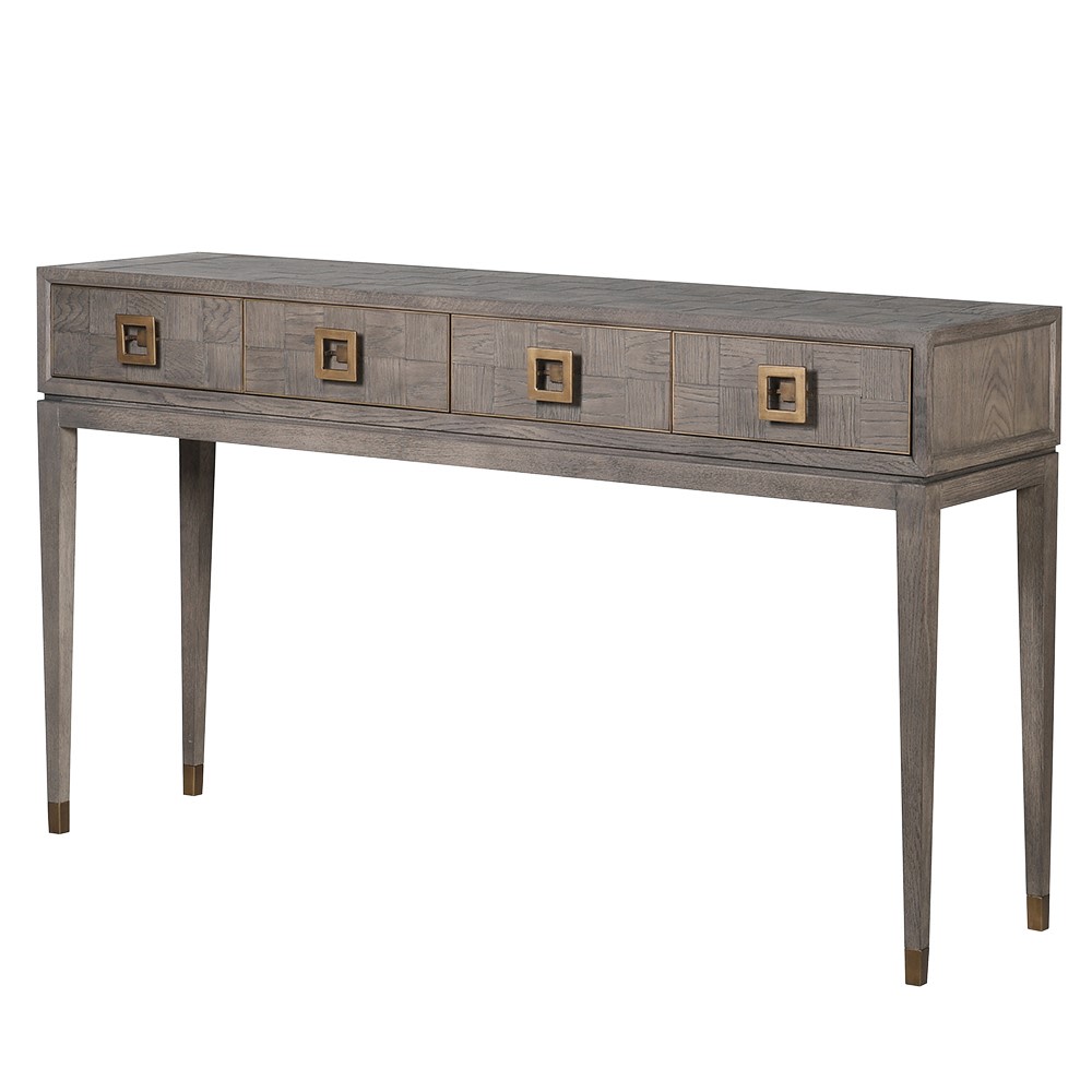 A grey oak console table with brass handles and four drawers, presented against a white background.