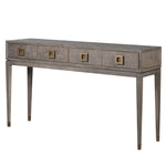 A grey oak console table with brass handles and four drawers, presented against a white background.