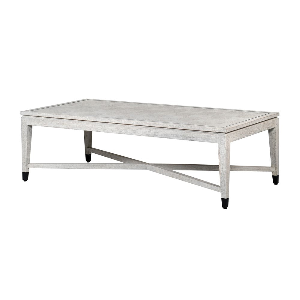 A white oak veneer coffee table with a square pattern detail on the tabletop and a light gray metal frame.