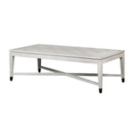 A white oak veneer coffee table with a square pattern detail on the tabletop and a light gray metal frame.