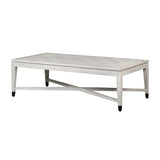 A white oak veneer coffee table with a square pattern detail on the tabletop and a light gray metal frame.