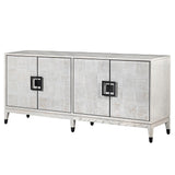 A white oak four-door sideboard with a square pattern finish and metal handles.