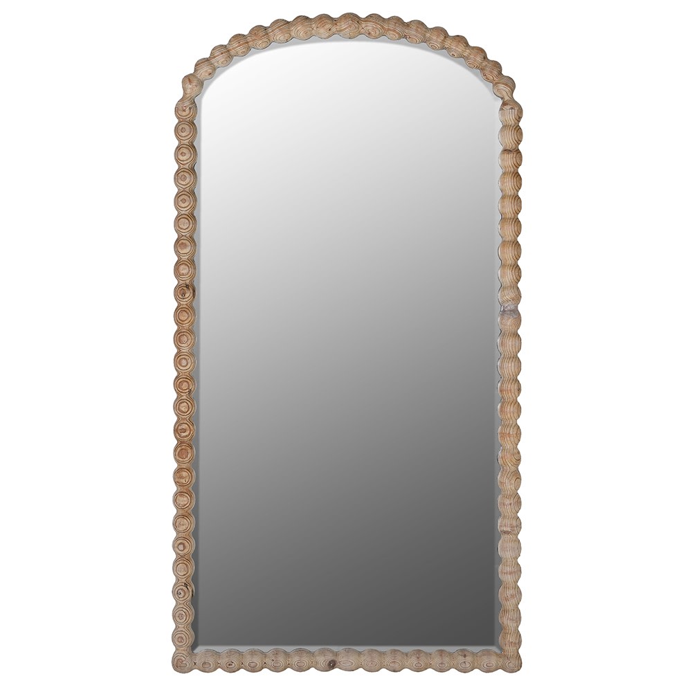 Natural wood arched floor length mirror with circular carved frame inspired by coastal design