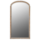 Natural wood arched floor length mirror with circular carved frame inspired by coastal design