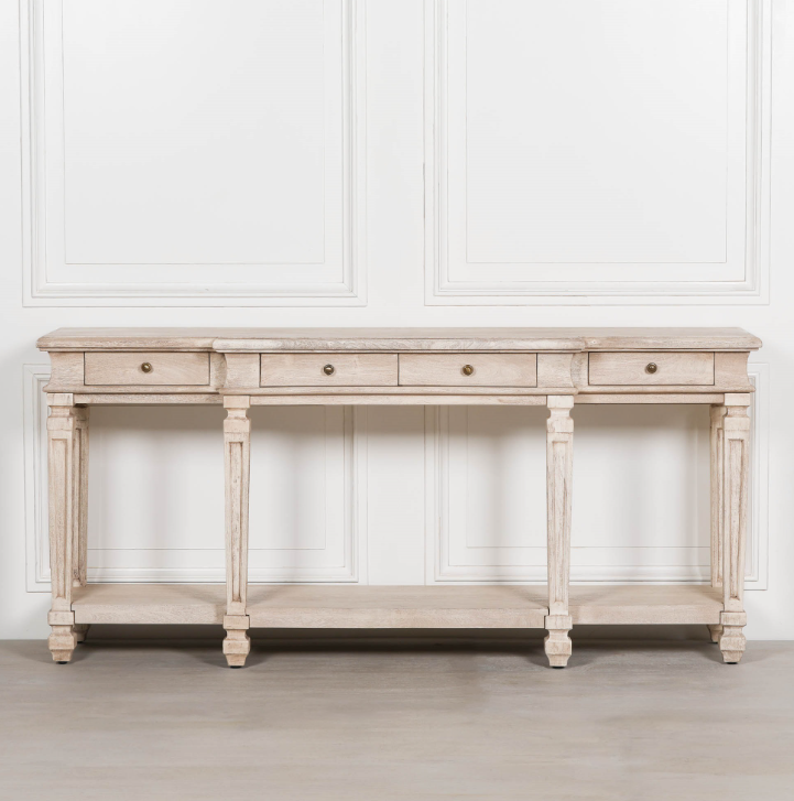 Montpellier Acacia Wood Console Table with drawers and carved legs in natural finish